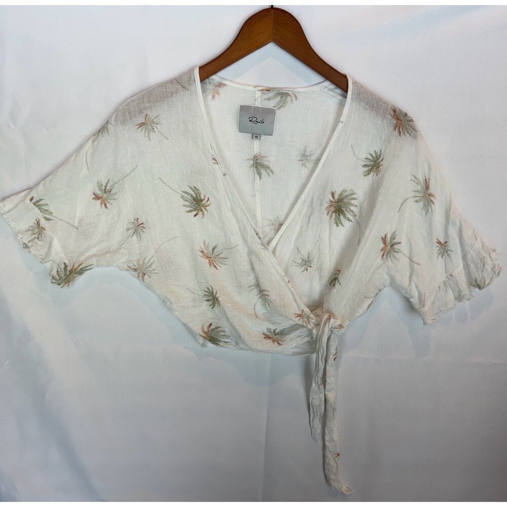 Rails Athena White Vintage Palms Linen Wrap Top Resortwear Tropical Blouse XS